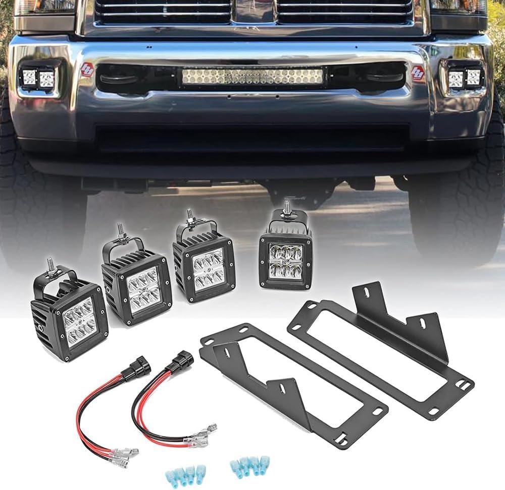 4x 3 Inch 24W Dually LED Fog Light Pods with Quick-Detach Wiring Plug and Fog Lamp Location Mounting Bracket Compatible with Dodge Ram 1500 2500 3500 2009-2019