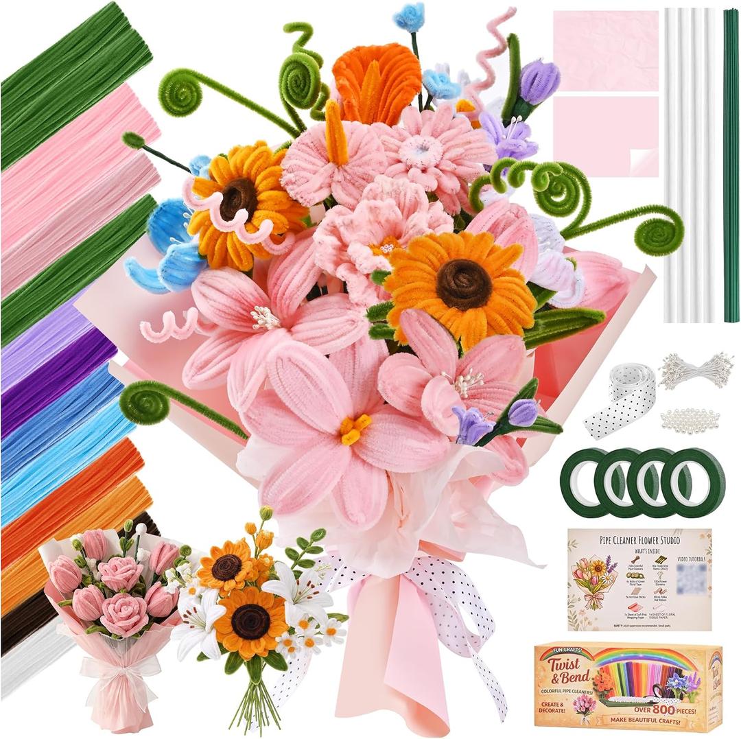 800 PCS Pipe Cleaner Flower Kit, 12 Colors Chenille Stems Craft Kit with Floral Stems, Tape, Stamens, Ribbons, Manual - Make DIY Flowers for Heartwarming Gifts, Family Crafts, Cozy Decor & Bonding