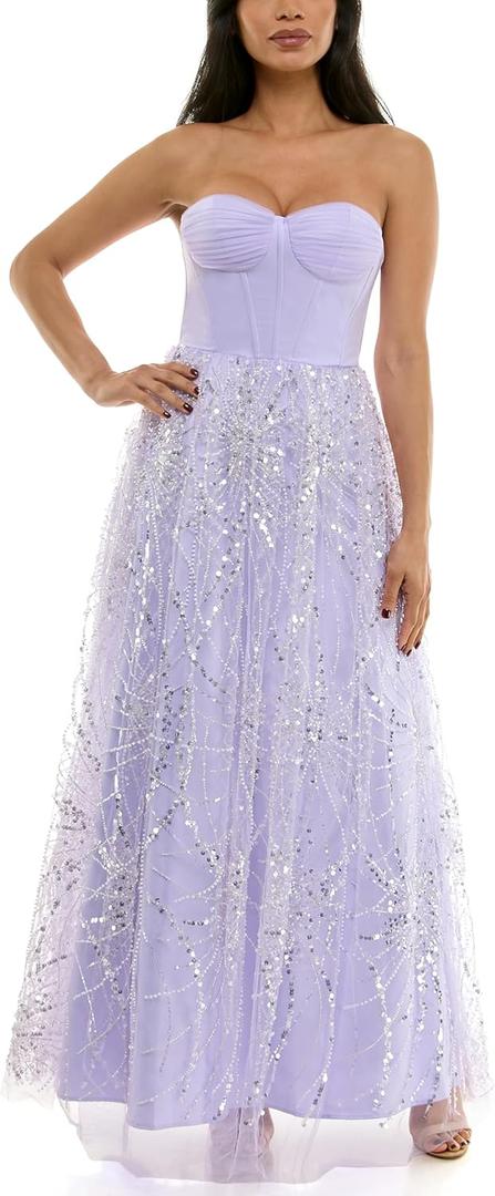 Women's Strapless Corset Top Pearl & Sequin Embellished Tulle Skirt Ball Gown (7-8, Lilac)