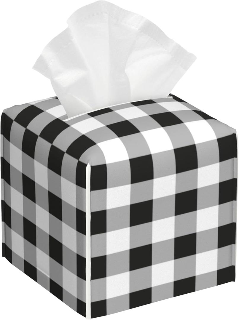Tissue Box Cover Square, Black Grey White Buffalo Plaid Checkered Leather Tissue Box Cover Decorative Facial Paper Organizer Dispenser for Bathroom Kitchen Bedroom Vanity Countertop Night Stands (Color11)