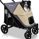 One-Click Folding Dog Stroller for 2 Dogs - 4 Wheel Jogger with Storage Pocket - Suitable for Pets Up to 110LBS (Beige & Grey)