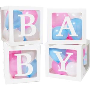 Baby Clear Boxes with Letters for Gender Reveal Decorations Transparent Baby Blocks Baby Shower Favor Containing 4 letters and 36 balloons
