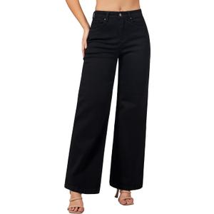 roswear Women's Wide Leg Jeans High Waisted Stretchy Denim Trouser Pants (Black, M)