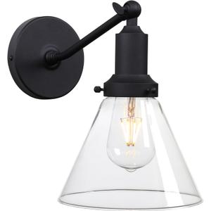 PERMO Industrial Vintage Slope Pole Wall Mount Single Sconce with Funnel Flared Clear Glass Shade Wall Sconce Light Lamp Fixture (Matte Black)