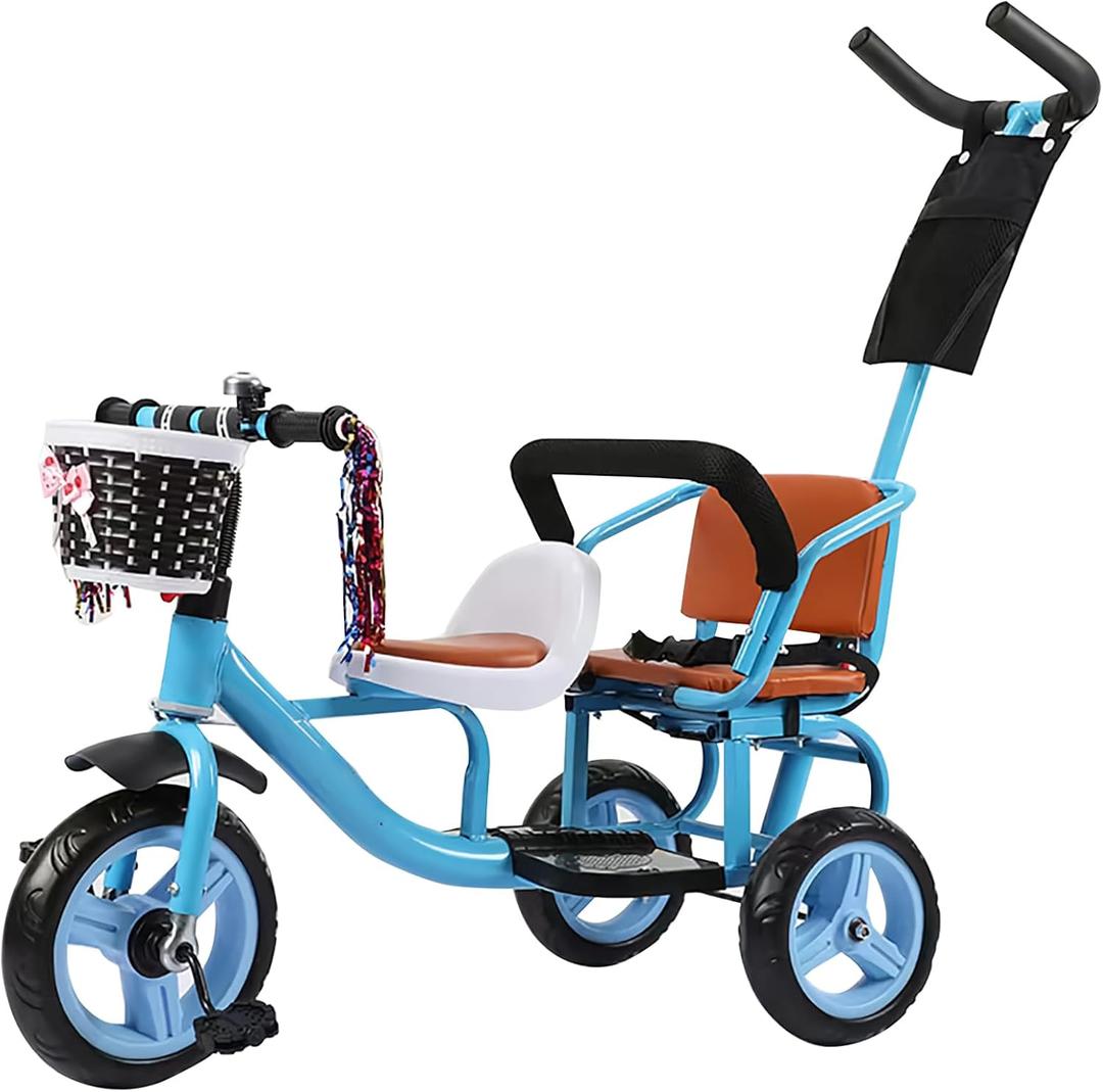 Kids Trike Bike Stroller- Double Tricycle Easy for Toddler with Removable Push Handle,Safety Harness,High Carbon Steeltrike Frame,Boys and Girls Ages Year Old,Blue
