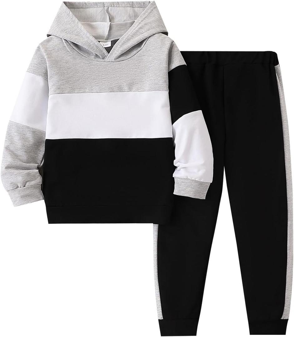 5-11Y Boys Clothes Long Sleeve Hooded Pullover Colorblock Sweatshirt + Pants 2pcs Fall Winter Outfit Set (9-10Y, Z : Grey)