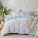 Queen Size Comforter Floral 3 Pieces Soft Cute Floral Bedding Lightweight Blue Garden Style Floral Botanical Comforter for All Seasons and 2 Pillowcases (Queen(90"x90"))
