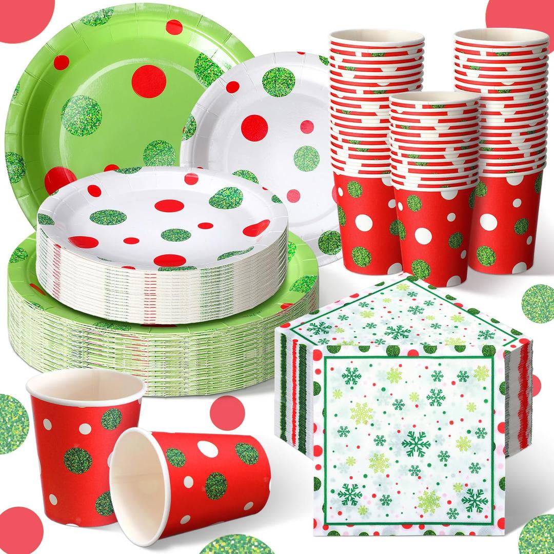 Hsei 250 Pcs Christmas Green Plates and Napkins Party Decorations Disposable Tableware Sets Baby Shower Birthday Party Supplies Serves 50 Guests Dinnerware Baby Bridal Shower Party Favors
