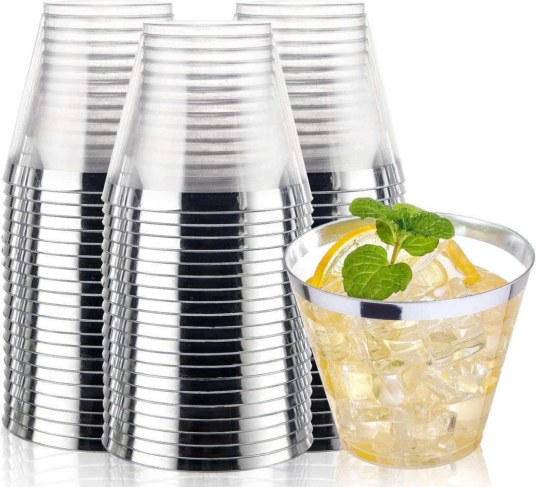 I00000 200pcs Silver Disposable Plastic Cups 9 oz Clear Plastic Cups Old Fashioned Tumblers Silver Rim Cup Disposable Party Cup Elegant Silver Wine Glasses Cocktail Cup