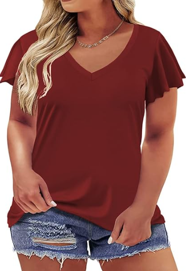 ROSRISS Womens Plus-Size Tops Summer Ruffle Short Sleeve Shirts Casual V Neck Tunics 2XL 