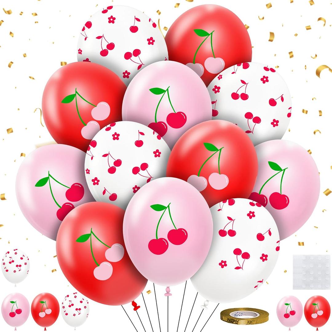 48 Pcs Cherry Party Decorations Balloons Set for Birthday Baby Shower, Red Pink Disposable Fruit Print Theme Cherry Birthday Decorations Supplies Latex Balloons