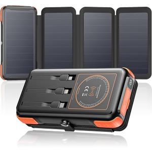 SOARAISE Wireless Solar Power Bank, 25000mAh Solar Charger with Built-in 3 Cables, Dual Outputs, 4 Solar Panels & 3 LED Flashlights, Portable Phone Charger for Outdoor Camping