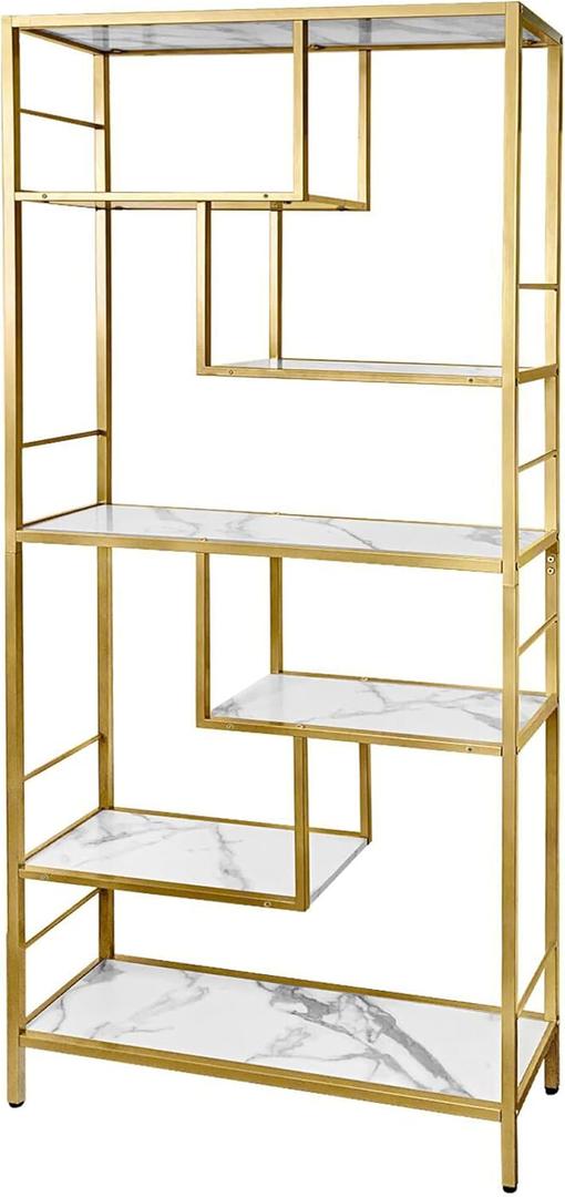 AT-VALY 6 Tier Bookcase Bookshelf, 72.4”Tall Modern Freestanding Bookshelf with 6 Shelves, Faux Marble Open Display Storage Book Shelves for Living Room Bedroom Home Office (Gold)