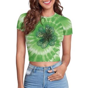 Shamrock St Patricks Day Shirt Women Green Tie Dye Cropped Tops, Irish Shamrock Clover St. Patricks Day Baby Tee for Womens Funny Tee Top, Large