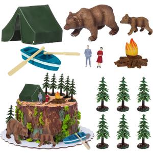 RAYNAG 13 Pieces Camping Cake Topper Camping Party Decoration With Tent Bonfire Tree Bear People Boat Camping Cake Decoration for Kids Adults Camper Forest Woodland Theme Happy Birthday Party Supplies