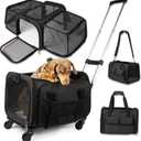 Pet Carrier with Wheels | Delta American Frontier Airline Approved | Two Expandable Sides, Storage Pockets Adjustable Leash | Rolling Dog and Cat Carrier TSA Compliant (Black 17x11x11)