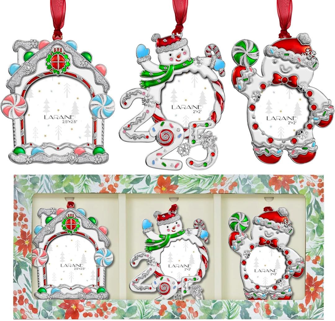 Laraine Christmas Tree Ornaments 3 Pieces  Decorative Hanging 2025 Pendant Snowman with 2.5 Picture Frame Insert for Family and Pet Holiday Keepsake Gift (White (2025))