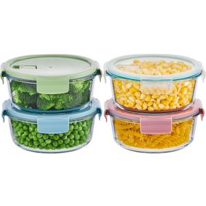 8 Pcs Round Glass Containers with Lids Airtight 4 Cup Glass Storage Containers Set Meal Prep Containers for Soup Leftover Microwave, Dishwasher, and Freezer Safe(4 Sets)