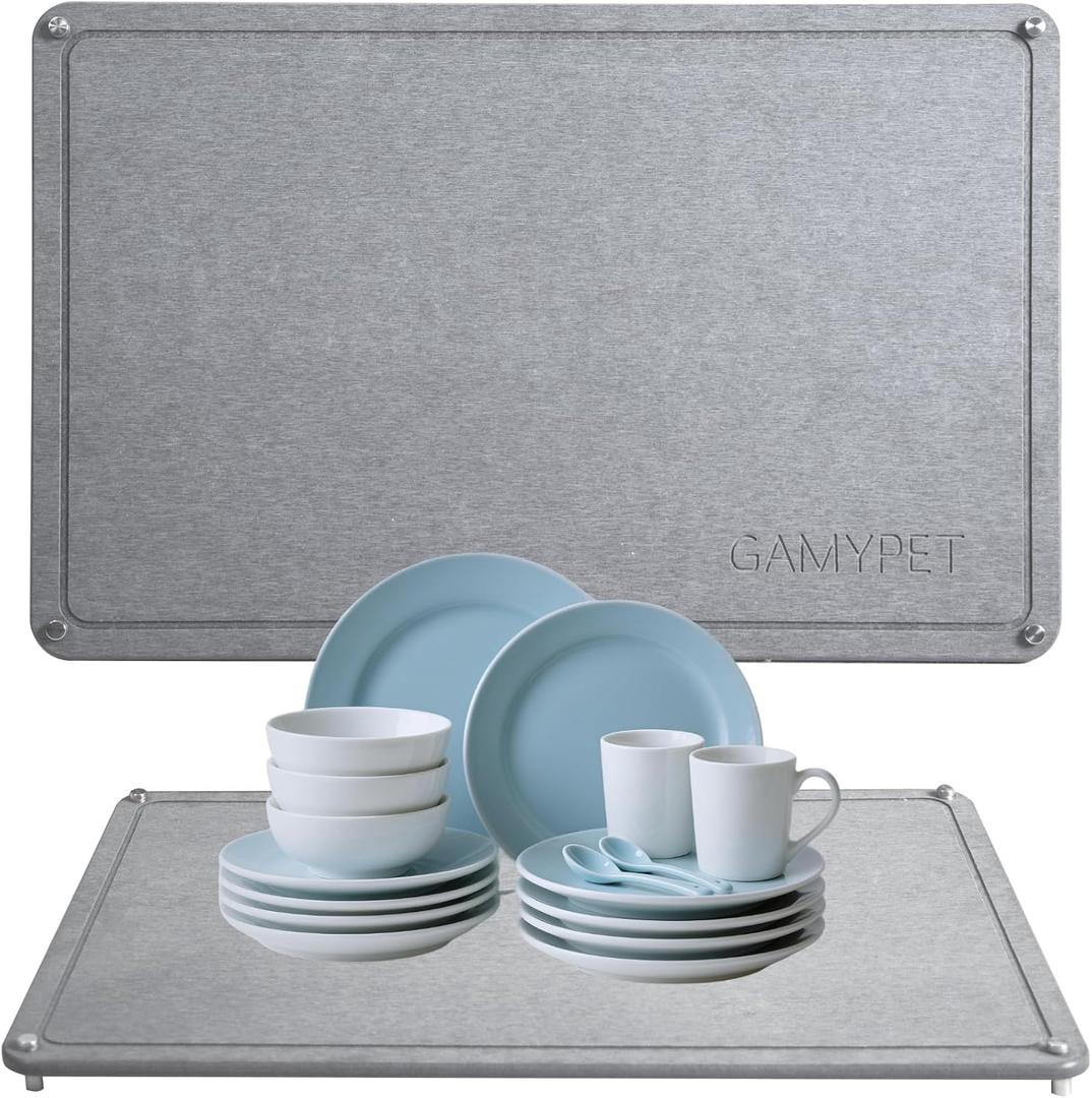 Stone Dish Drying Mat 24"16" Large Diatomaceous Earth Dishes Quick Dry Pad for Kitchen Counter with Heighten Stainless Steel Feet, Fits Various Countertops & Drain Bowl Racks, Dark Gray