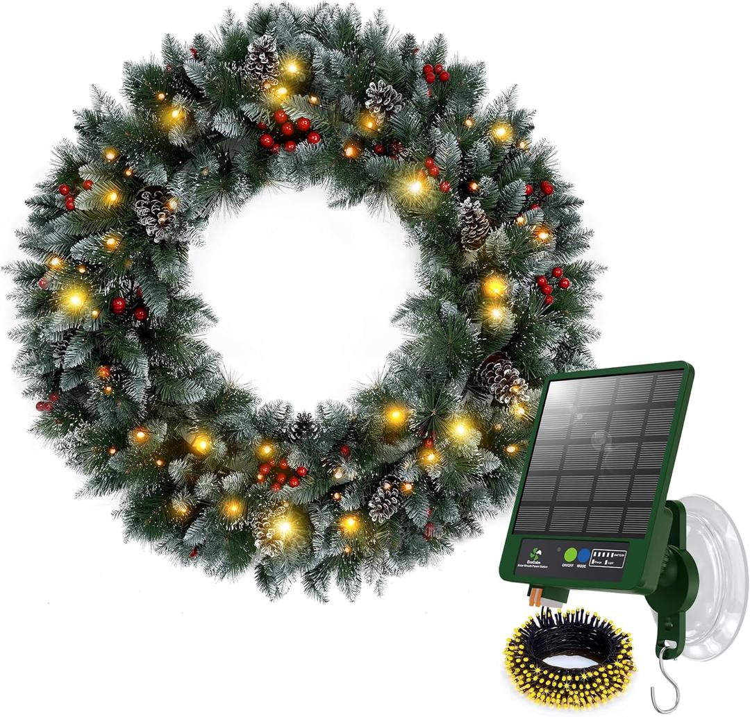 Solar Wreath with 150 LEDs, 36 inch Outdoor Christmas Wreath with 8 Lighting Modes, Suction Cup Hooks or Compatible with Wreath Hanger