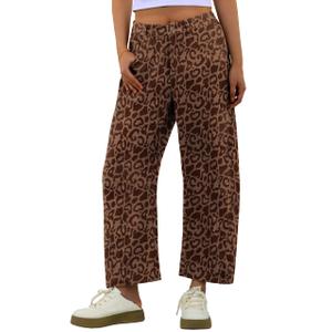 IWOLLENCE Women's Cheetah Printed Corduroy Pants Elastic Waist Cord Baggy Cropped Wide Leg Barrel Pant Brown Leopard, S (S)
