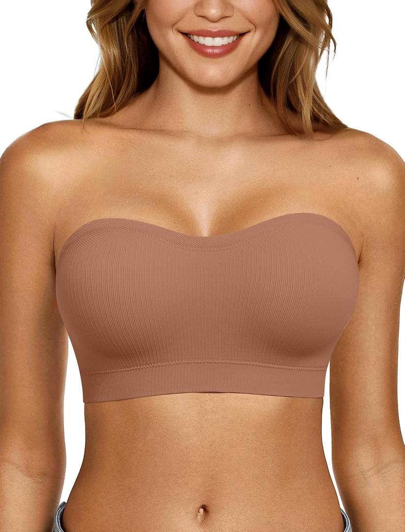 LetsJoli Push Up Strapless Bras for Women Supportive Bandeau Bra Non Slip Wireless No Underwire Padded Tube Bra (Beige, M)