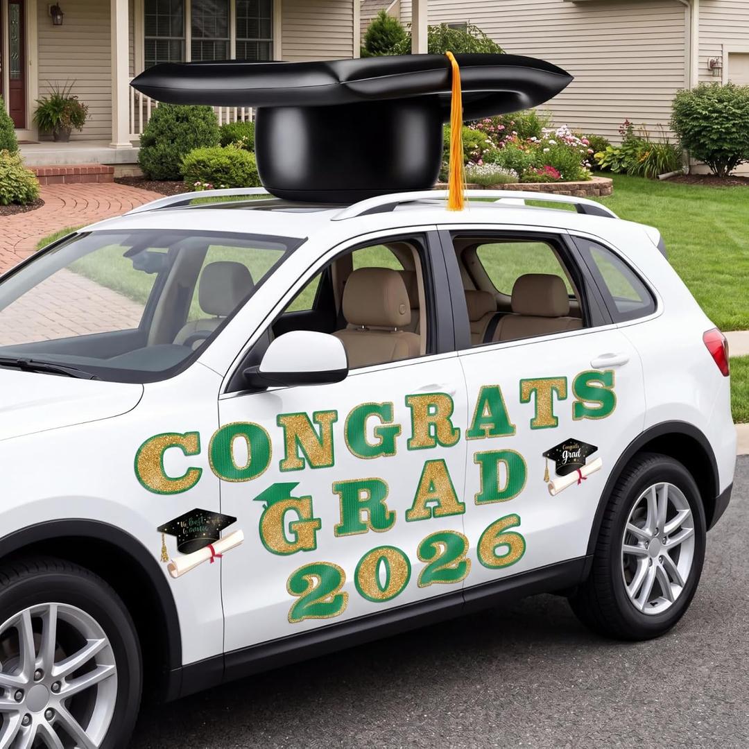 Xuhal 2026 Graduation Car Decoration 23'' Large Inflatable Grad Cap Car Decor Congrats Grad Letter 2026 PVC Inflatable Cap for Senior High School Collage Graduation Parade Party Decor(Green, Gold)