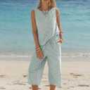 EXLURA Womens Summer 100% Cotton 2 Piece Outfits Striped Sleeveless Top Capri Wide Leg Pants Sets Faux Linen Beach Vacation (L)