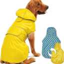 Kimee Dog Raincoat Reversible, Single Side Slicker Poncho Adjustable Waterproof Dog Rain Jacket with Leash Hole/Reflective Stripe Hooded Snowproof Windproof Clothes for Dogs, S (Yellow)
