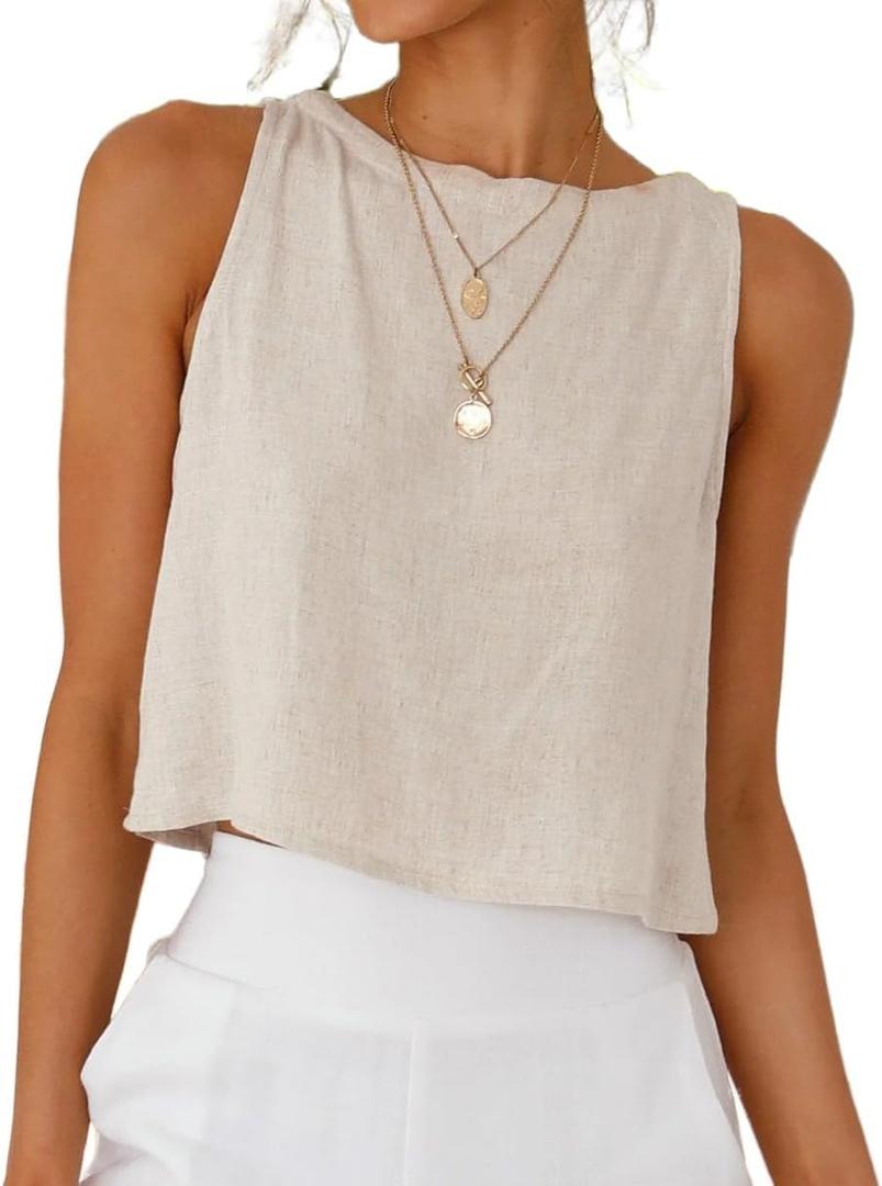 IDEALSANXUN Womens Linen Crop Tank Tops 2026 Spring Summer Beach Sleeveless Tops (Beige, L)