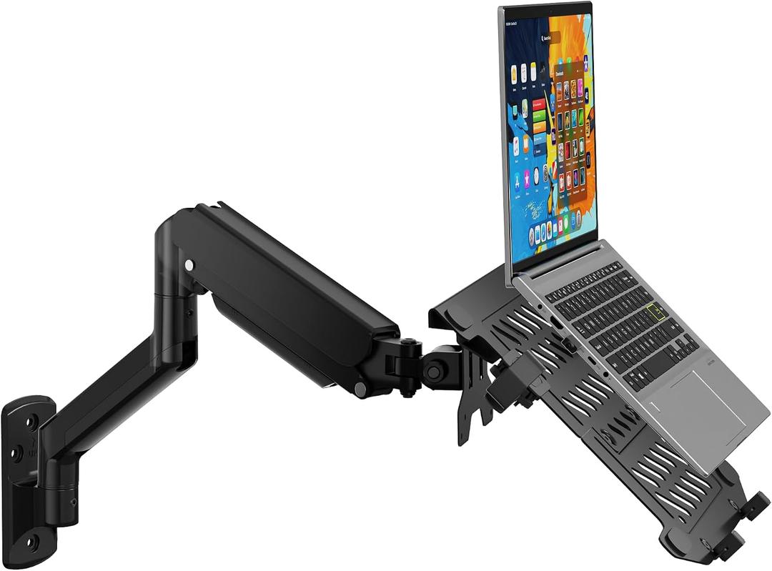 WALI Laptop Wall Mount, Single Monitor Arm for 17" Notebook and Up to 32" Screen, Full Motion Adjustable Monitor Wall Mount with Laptop Tray, VESA 75x75/100x100, Up to 15.4-22 Lbs (GSWM001LP), Black