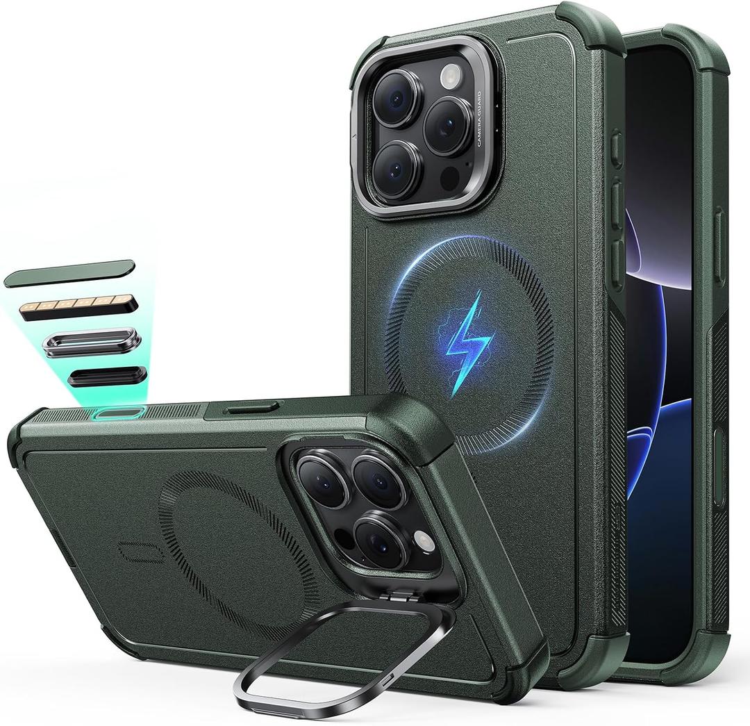 ESR for iPhone 16 Pro Phone Case with Stand, 23ft Military-Grade Drop Protection with Camera Control, Shock-Absorbing Rugged Cover, Compatible with MagSafe Accessories, Cyber Series, Green