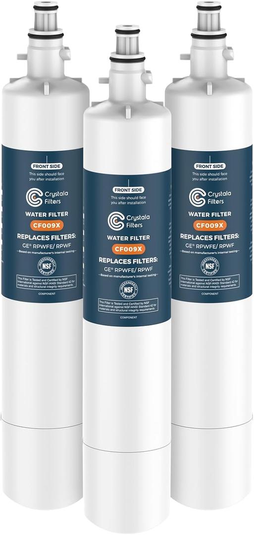 Crystala Filters Replacement for GE RPWFE, RPWF (with CHIP) Refrigerator Water Filter, Compatible with WSG-4, WF277, GFE28GMKES, PFE28KBLTS, GYE22HMKES, DFE28JSKSS, GFE28GYNFS, GFD28GYNFS, 3 Pack