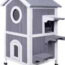 GEGURI Outdoor Cat House Weatherproof, Wooden Two-Story Feral Cat Shelter with Openable Roof, Escape Door, Balcony