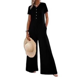 BLENCOT Casual Striped Short Sleeve Jumpsuits Rib Knit Wide Leg Romper Comfy Button Down Baggy Rompers Black XL