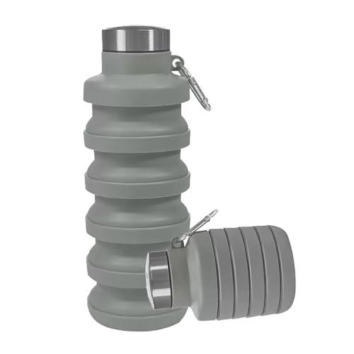Tundoro Collapsible Water Bottles,16oz Capacity Portable Reusable Silicone Water Bottle,Leak-proof,with buckle,foldable storage,Lightweight Durable for Fitness,Cycling,Sports,Camping,Hiking (Grey)