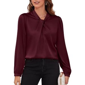 Women's Long Sleeve Satin Blouse,Mock Neck Work Silk Shirts,Dressy Tops for Business Casual Office, Size 4XL