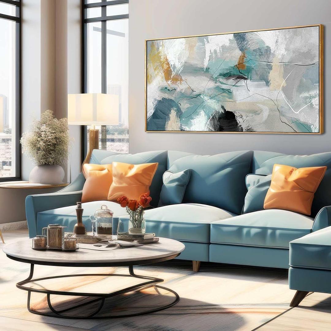 Wall Art Living Room Decorations 24"x48" Teal Wall Art Abstract Paintings Modern Framed Art Room Decor for Bedroom Kitchen Office (Green)