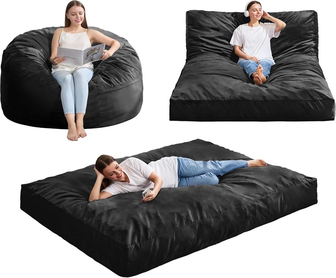 Hobestluk Giant Bean Bag Chair Bed for Adults, Large Bean Bags with High-Density Foam Filling, Convertible Big Sofa Bed Couch for Living Room, Bedroom, Playroom (Black, Full)