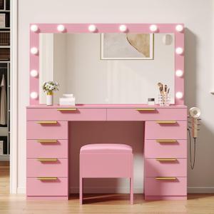 DWVO 46'' Glass Top Makeup Vanity with 10 Drawers, Vanity Desk Set with Large LED Mirror, Built-in Charging Station, Cushioned Storage Chair, 3-Color Light Modes