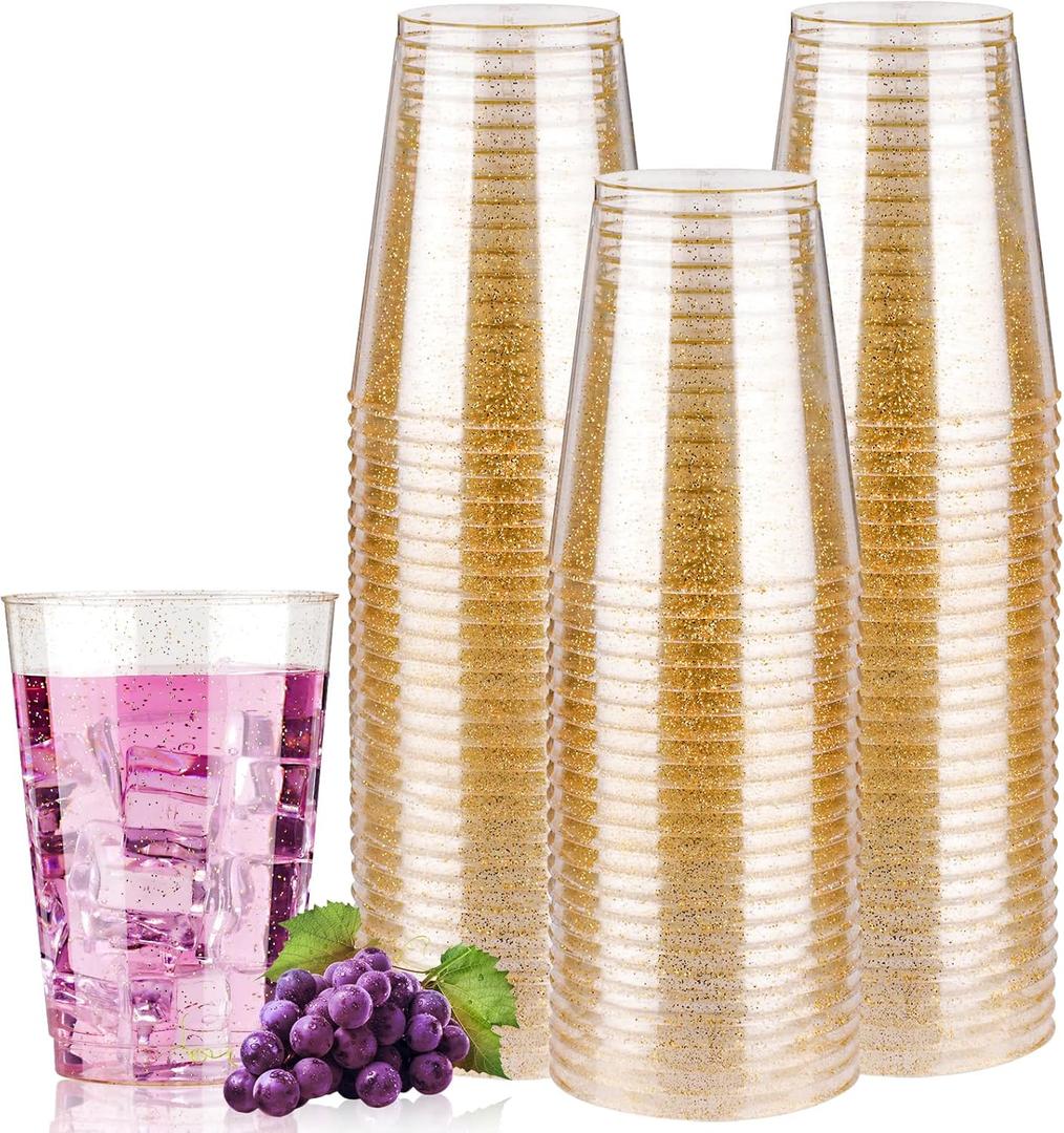Goodluck 12 oz 50 PCS Gold Glitter Plastic Cups, Disposable Glitter Cups, Elegant Plastic Cocktail Glasses, Fancy Party Cups for Wedding, Birthday, Holiday