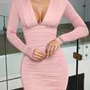 GOBLES Women's Sexy Long Sleeve V Neck Ruched Bodycon Mini Party Cocktail Dress (Pink, S)
