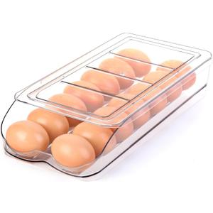RoskDeewat Egg Holder for Fridge, Automatic Rolling Egg Container for Refrigerator, Stackable Fridge Organizers and Storage with Lid, Clear Plastic Egg Dispenser,Bin & Tray (1 Tier)
