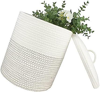 Yimi's Dream Woven Basket with Lid, Decorative Rope Storage Baskets for Organizing, medium Baskets for Baby, Kids, Toys, Blanket, Woven Baskets for Storage (White & Blacksuture, 12D x 13.5H inch)