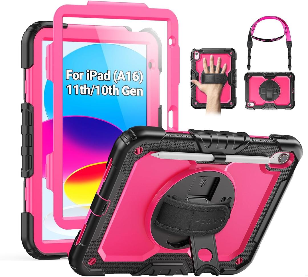 SEYMAC Case for iPad (A16) 11th/10th Generation 2025/2022 (11/10.9), Sturdy Heavy Duty Full-Body Shockproof Protective Case with Screen Protector, Rotating Stand, Hand/Shoulder Strap, Pink