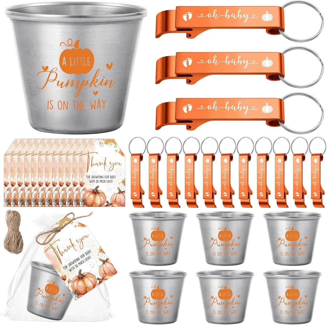 Vesici 25 Sets Baby Shower Favors 1.5 oz Stainless Steel Shot Glasses Cute Bottle Opener Keychains Thank You Tags Bags Thanksgiving/Fall/Gender Reveal Party Return Gift Guest (Orange)