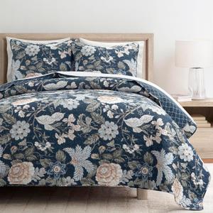 Lush Decor Sydney Reversible Cotton Quilt Set, 3 Piece Set, King, Navy & Multi - Cotton Bedding Set - Navy Floral Quilt - Cottage Decor - Bedding King Size