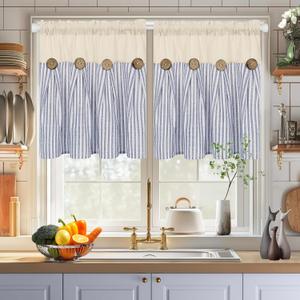 BLEUM CADE Farmhouse Kitchen Curtains 24 Inch, Cotton Linen Cafe Curtains with Rustic Buttons, Boho Small Window Curtains for Bathroom, Blue Stripe Half Window Drapes Over Sink, 2 Panels