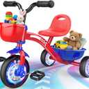 Tricycle for Toddlers 1-3 3-5 Year Olds, Unicorn Toddler Bike Baby Balance Bike with Colorful Lighting Wheels & Large Basket, Birthday Gift and Toy for 1 2 3 4 5 Year Olds Girls Boys-red