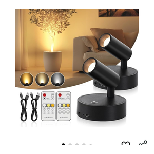 Spotlight Indoor, Wireless Uplighting Indoor with Remote Dimmable, 350° Rotate, Battery Powered Ceiling Spotlight for Artwork Christmas Tree Plant Painting Picture Lights, 2 Pack